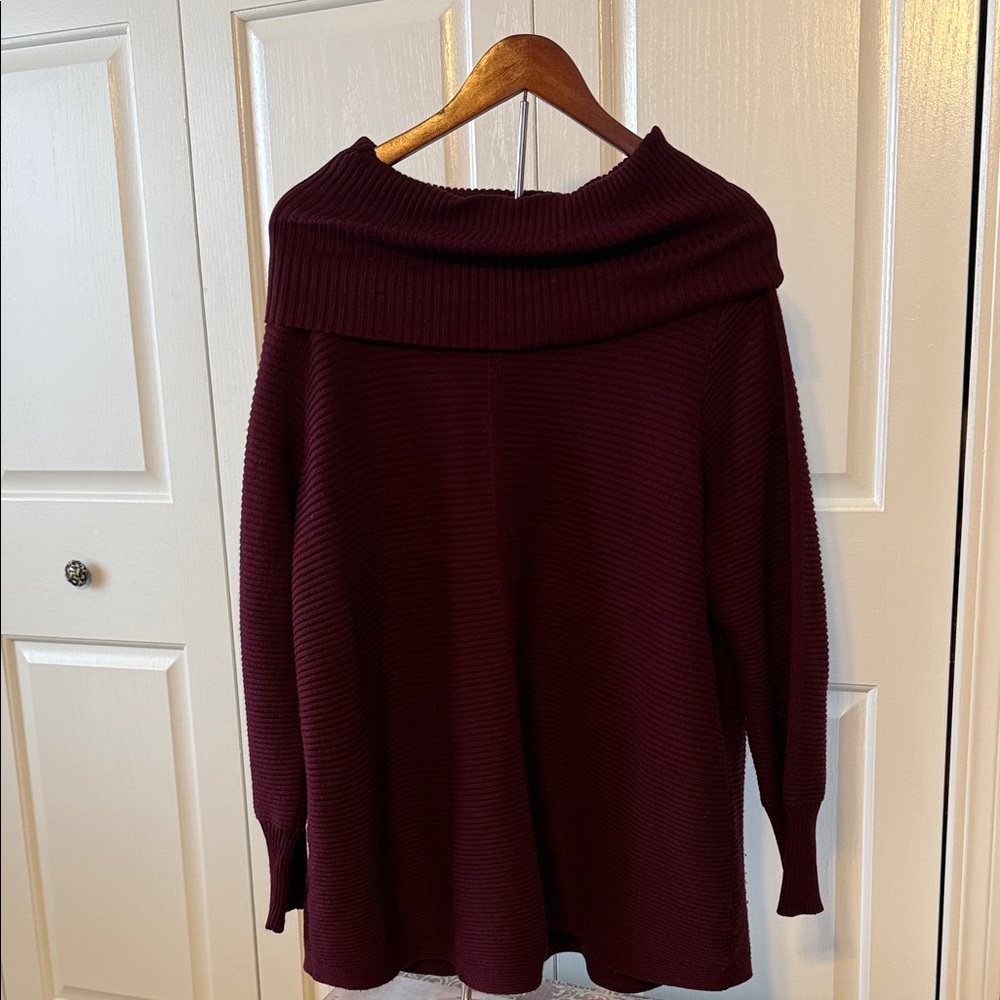 Cyrus Off-Shoulder Ribbed Turtleneck Sweater - Burgundy